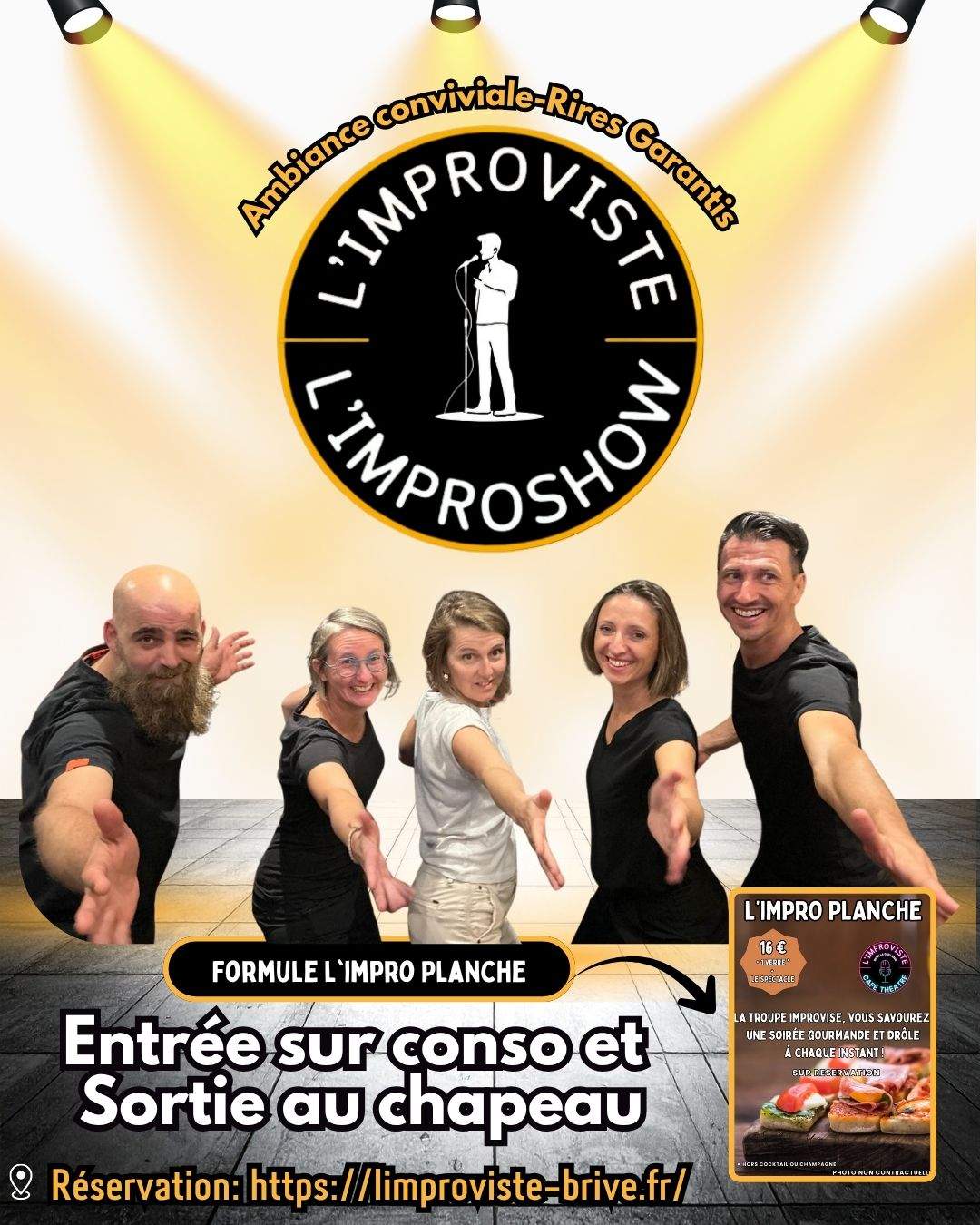 Le concept ? C’est vous qui proposez les thèmes ! Glissés dans le chapeau, ils seront tirés au sort et instantanément transformés en scènes déjantées par notre troupe menée tambour battant par Fabien, Blanche, Lucie et JB… sous l’œil complice de Delphine, notre maîtresse de cérémonie.