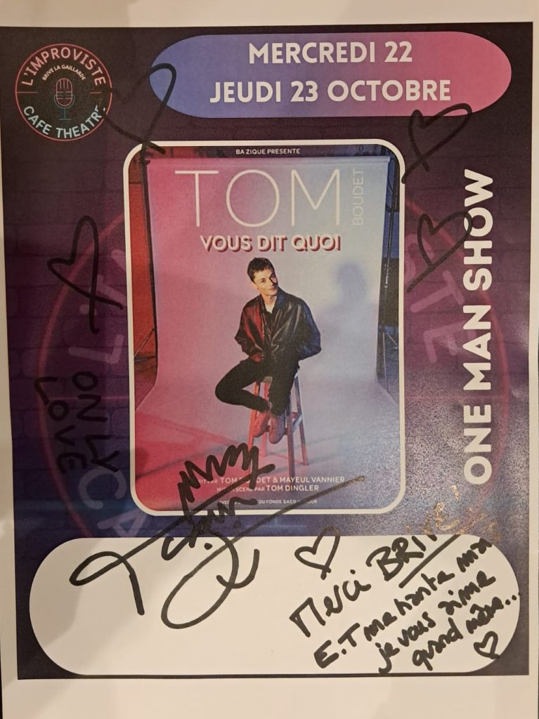 Mercredi et jeudi, la scène de L’Improviste a vibré avec Tom Boudet et son spectacle “Vous dit quoi !” — deux soirées inoubliables, pleines de rires, d’énergie et de complicité avec le public.