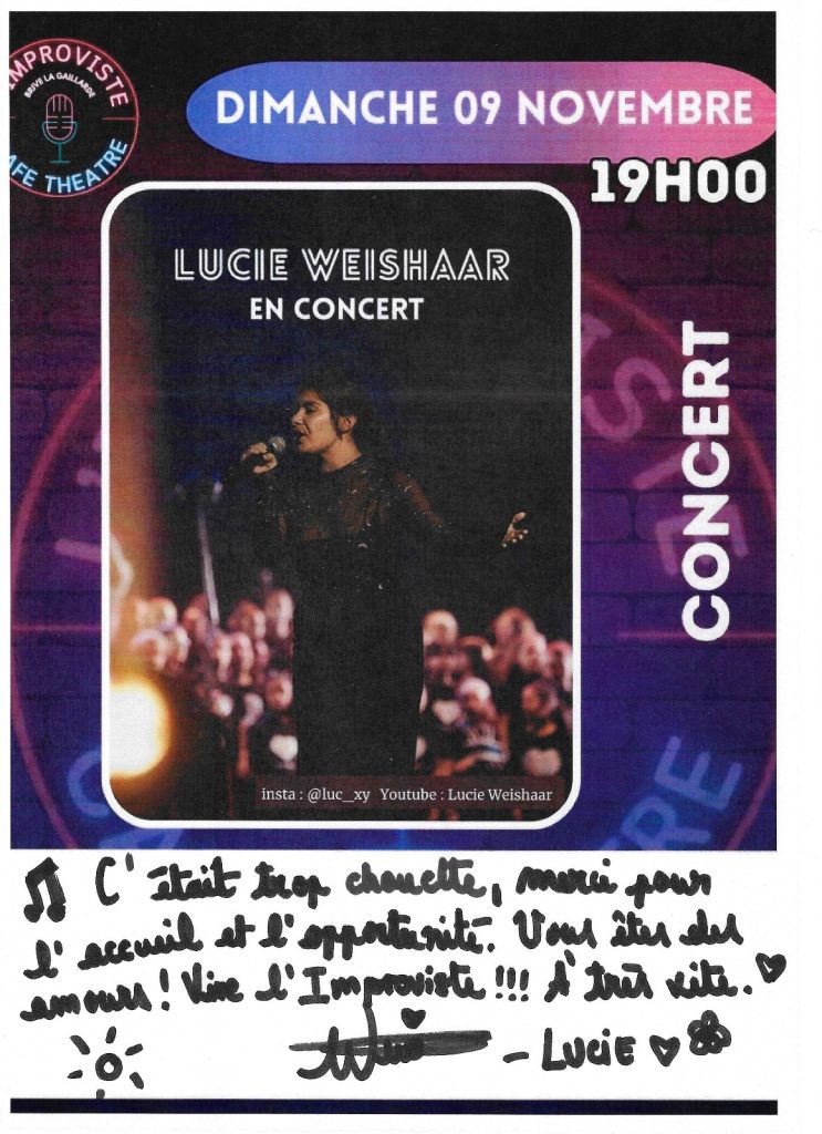 Dans une ambiance chaleureuse et proche, LUCIE a offert une performance vibrante, pleine d’émotion et de sincérité. Chaque note, chaque parole résonnait avec authenticité, faisant de ce concert un moment unique de musique live à Brive-la-Gaillarde.