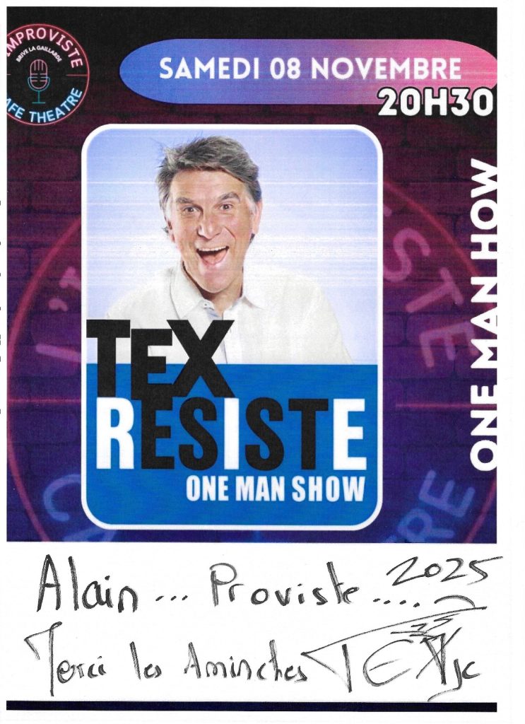 es vendredi 7 et samedi 8 novembre 2025, L’Improviste a eu la chance d’accueillir TEX à Brive pour deux dates de son spectacle “Résiste”. Ces représentations ont marqué le public par leur rythme, leur humour percutant et l’énergie unique de l’artiste.