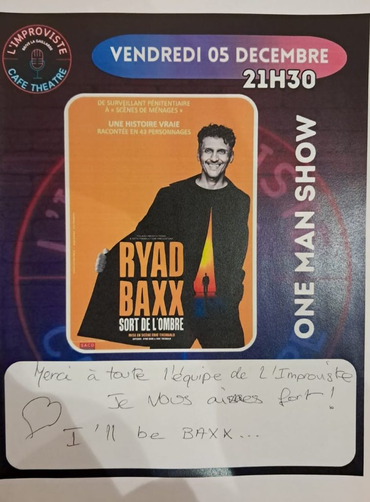 Vendredi 5 décembre 2025, Ryad Baxx a offert au public de L’Improviste deux représentations exceptionnelles de son spectacle “Sort de l’Ombre”, à 19h30 et 21h30. Deux soirées inoubliables, qui resteront gravées à jamais dans nos mémoires.