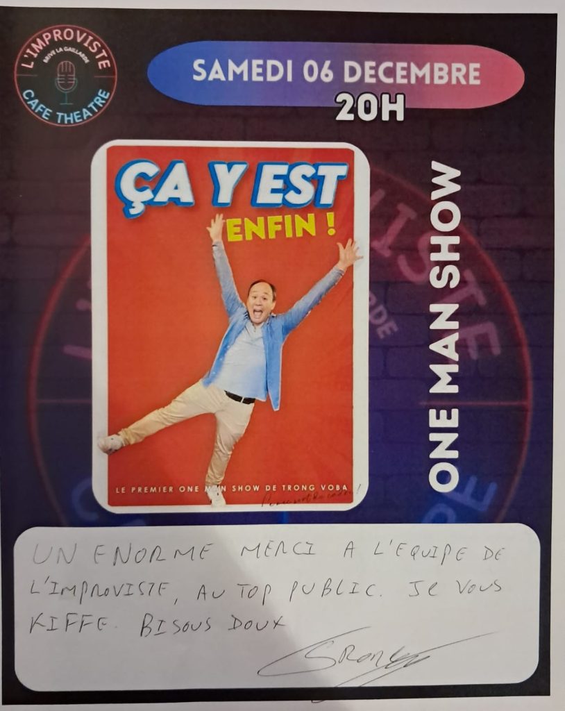 Ce week-end, L’Improviste a eu le plaisir d’accueillir Trong Voba pour trois représentations inoubliables : son spectacle pour enfants “Les Potions Magiques du Professeur Bonheur” et son one-man “Ça y est enfin”.