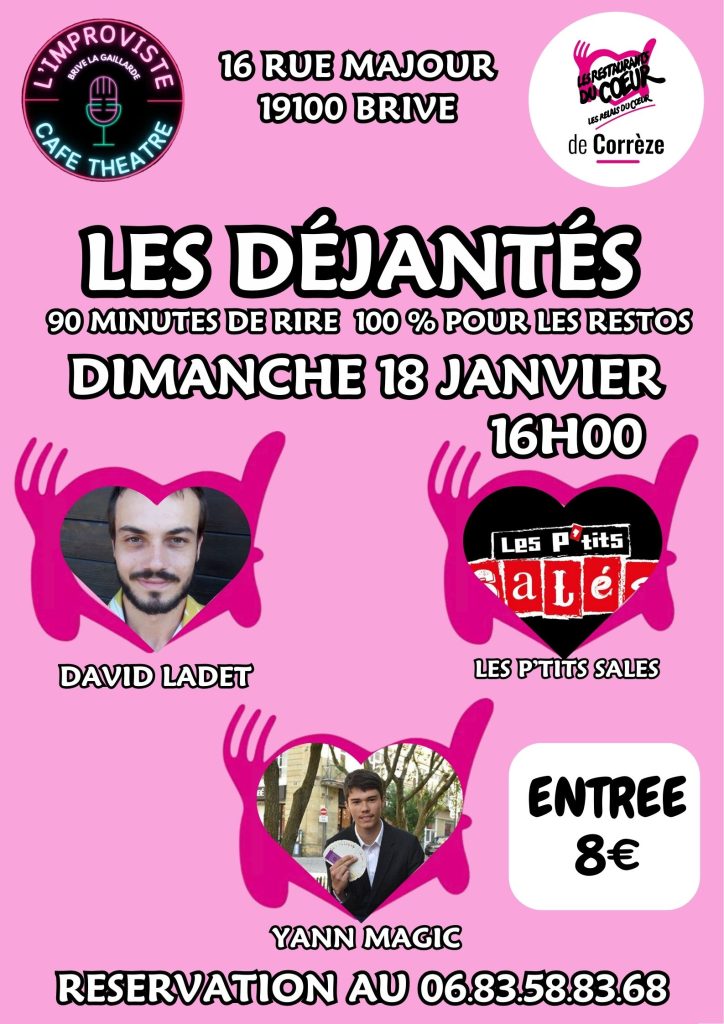 Ce dimanche 18 janvier 2026 à 16h00, L’Improviste Café-Théâtre a vibré au rythme de la solidarité avec Les Déjantés, un spectacle organisé au profit des Restos du Cœur.