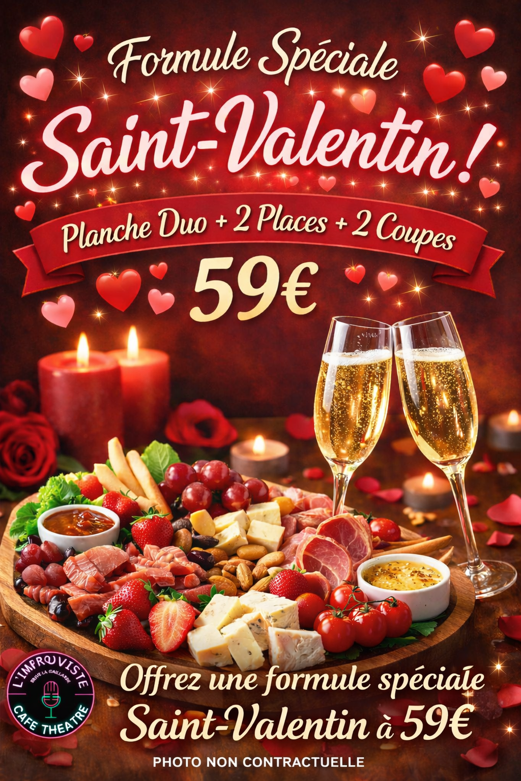Cette année, oubliez le dîner classique et offrez-vous une Saint-Valentin placée sous le signe du spectacle, du partage et de la gourmandise à L’Improviste Café-Théâtre.