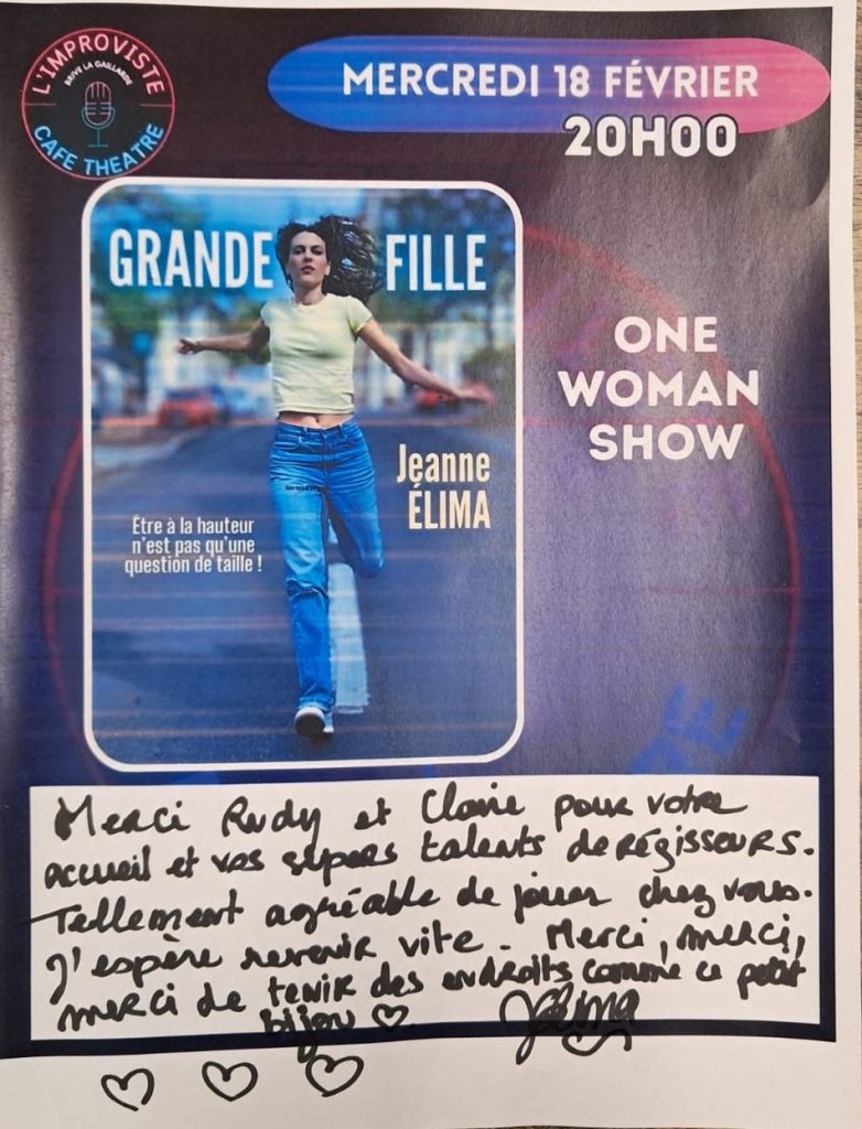 Le public a passé un merveilleux moment, entre rires, émotions et sincérité. Jeanne nous a offert une performance sensible et généreuse, portée par une écriture fine et une présence scénique lumineuse.