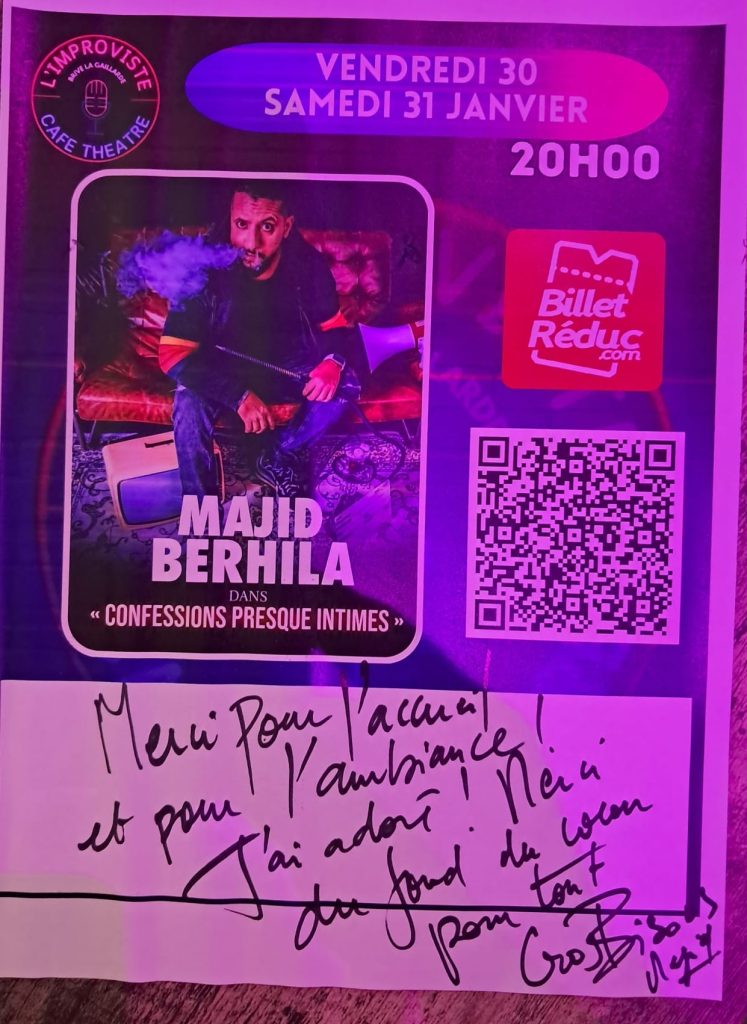 Ce week-end, vendredi 30 et samedi 31 janvier 2026, nous avons eu l’immense bonheur d’accueillir Majid Berhila sur la scène de L’Improviste.