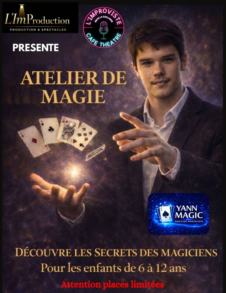 Vous cherchez une activité originale pour enfants à Brive-la-Gaillarde ? Les ateliers de magie animés par Yann à L’Improviste Café-Théâtre proposent aux enfants de 6 à 12 ans de découvrir les secrets des magiciens dans une ambiance ludique et immersive.