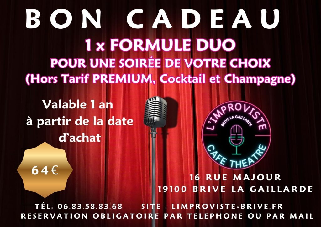 1 place + 1 planche + 1 consommation (hors cocktail et champagne). L’expérience complète du café-théâtre.