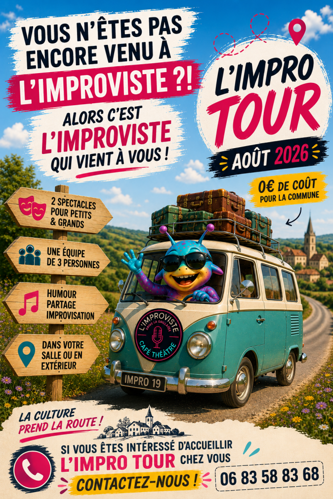 Chaque été, L'Improviste prend la route et transforme les places de villages, salles des fêtes et espaces culturels en véritables lieux de spectacle.