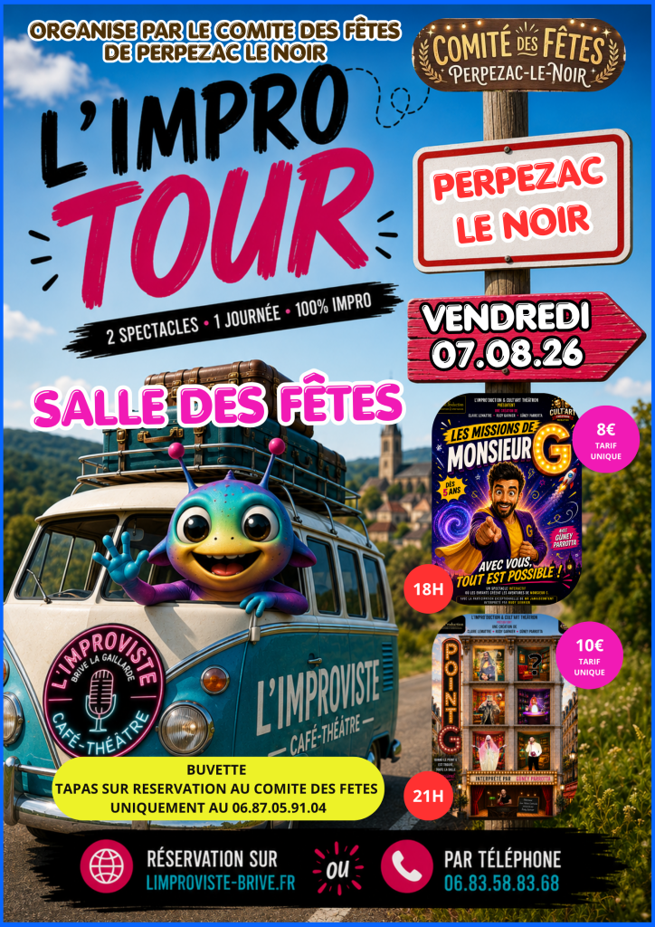 L'IMPRO TOUR fait étape à Perpezac le noir ! Une journée placée sous le signe du rire et de la convivialité Cet été, L'IMPRO TOUR s'arrête à Perpezac le noir pour une journée exceptionnelle placée sous le signe du spectacle vivant.